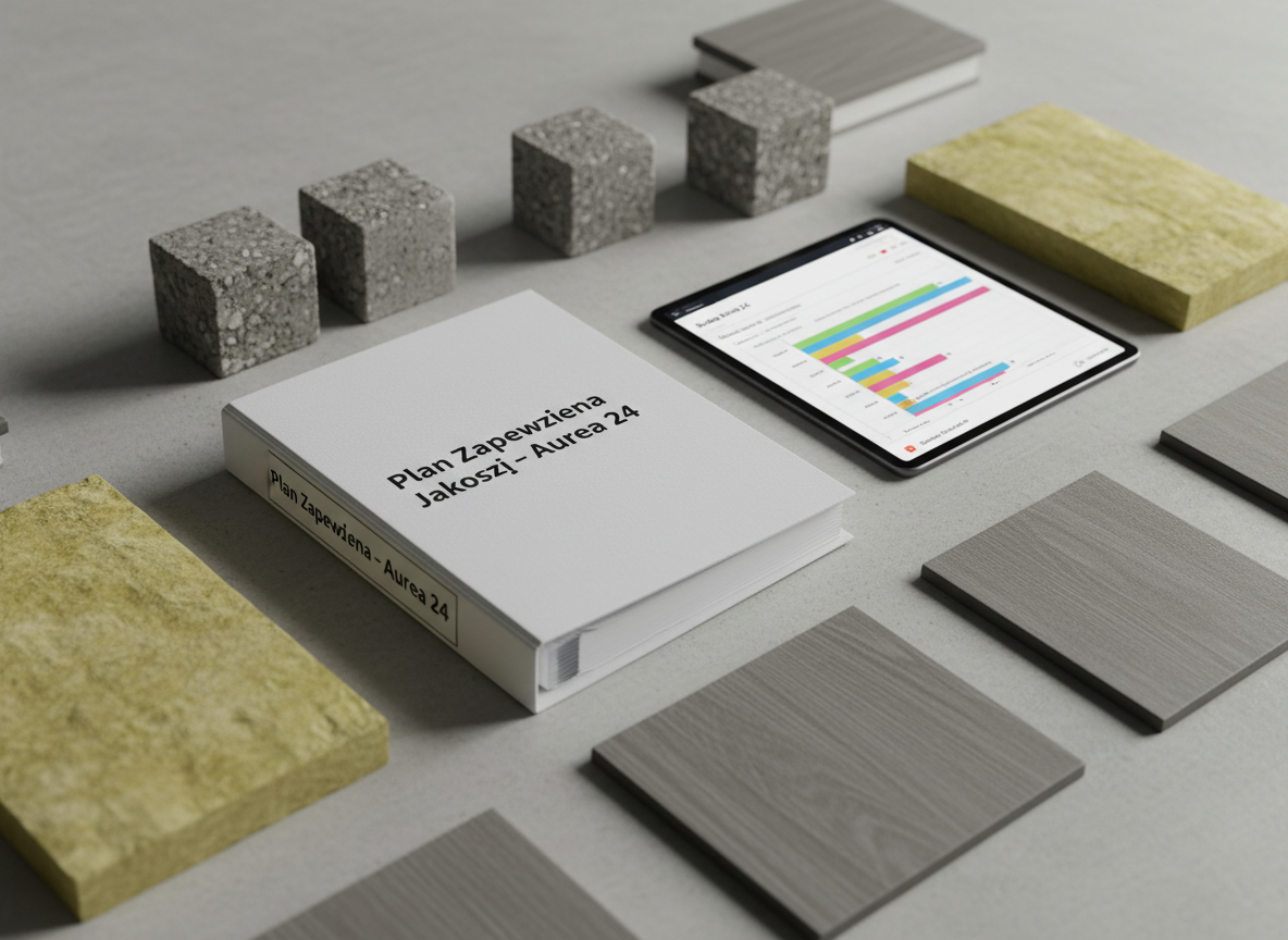 A carefully staged close‑up of high‑quality construction materials and documentation laid out on a smooth concrete slab: test cubes of concrete with visible aggregate, samples of thermal insulation layers, façade cladding fragments, and a ring binder titled “Plan Zapewnienia Jakości – Aurea 24”. A digital tablet displays a Gantt chart with clearly structured phases of a building investment. Soft, indirect daylight from the side casts delicate shadows, emphasizing textures of concrete, mineral wool, and composite panels. Captured in photographic realism from a low, diagonal angle with shallow depth of field, the focus rests on the binder and tablet, while the background subtly blurs. The atmosphere is methodical and trustworthy, illustrating quality control, transparent management, and rigorous planning in the construction process.