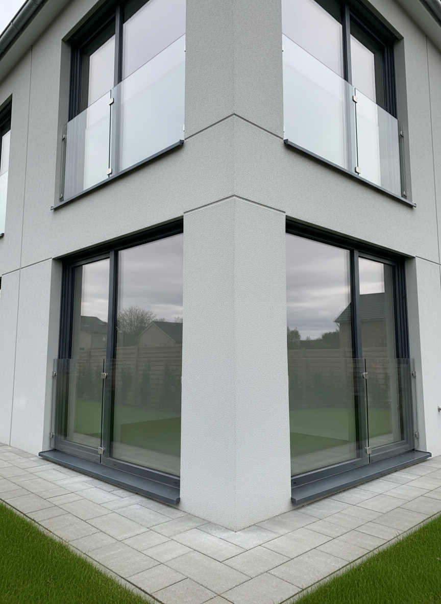 An immaculate close‑up of a freshly completed modern residential building façade, featuring high‑quality light gray plaster, dark anthracite window frames, and glass balustrades with stainless steel details. The building’s edges are perfectly straight, with clean expansion joints and flawlessly finished corners, emphasizing craftsmanship. Reflections of a soft, overcast sky shimmer in the large windows, while a precisely laid stone walkway borders a manicured green lawn below. Photographic realism from a low‑angle perspective enhances the sense of solidity and permanence. The diffused natural light reveals every subtle texture in the plaster and metal, while the mood is calm, premium, and reliable, underlining the high standard of execution and attention to detail characteristic of a top‑tier general contractor.
