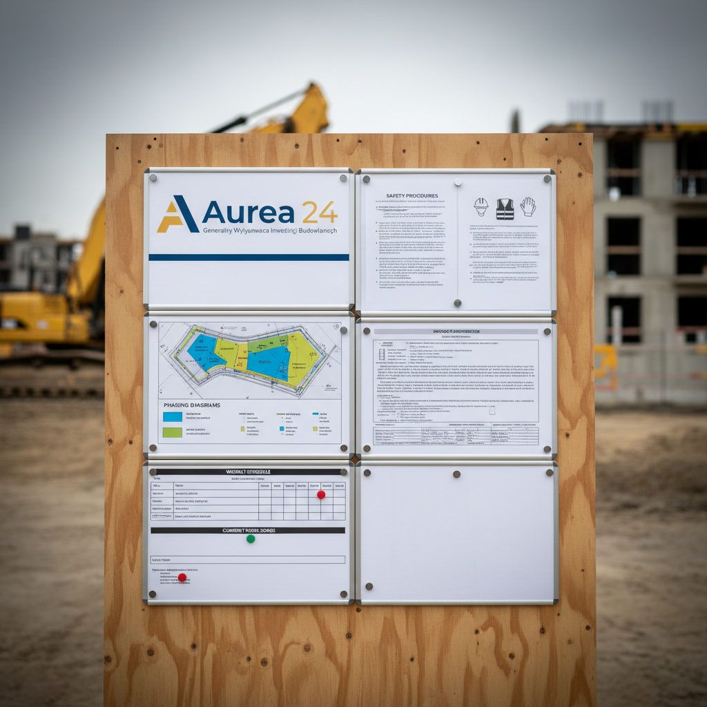 A detailed shot of a clean, modern site coordination board mounted on a temporary wall at the entrance to a construction site. Laminated site layout plans, colored phasing diagrams, safety procedures, and a clearly visible logo “Aurea 24 Generalny Wykonawca Inwestycji Budowlanych” are arranged in a grid, each section precisely aligned. Magnetic markers indicate current work zones, while a printed schedule shows key milestones. Neutral, diffused daylight evenly illuminates the board, ensuring every text and graphic is legible. The photographic realism image is captured straight‑on with a slight vignette, emphasizing the board as the central subject. The atmosphere is highly organized, transparent, and responsible, conveying that every stage of the building process is controlled and communicated with professional clarity.
