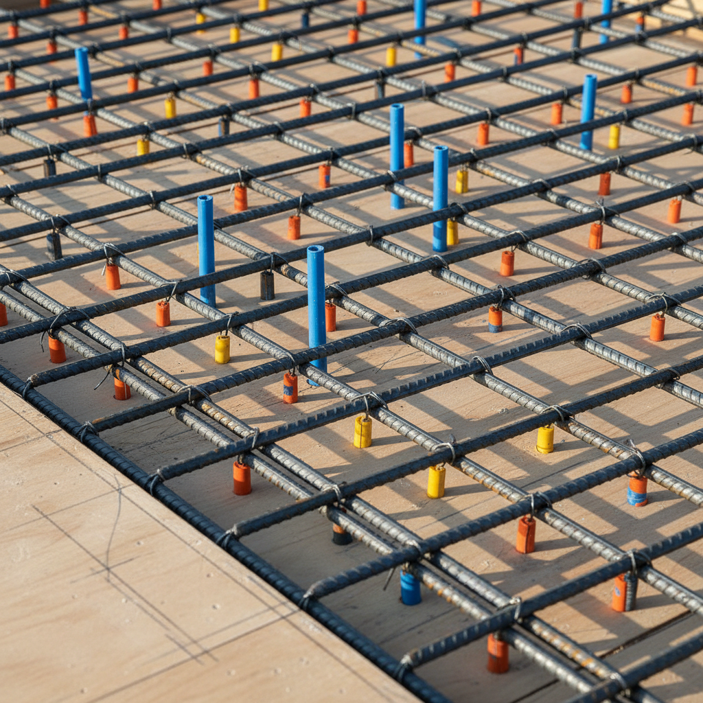 A close, detail‑rich view of a reinforced concrete slab preparation, showcasing perfectly arranged steel reinforcement bars tied in a precise grid over clean formwork panels. Color‑coded spacers hold the mesh at exact height, while embedded conduit sleeves and anchor bolts are positioned according to a visible chalk layout. The textures of steel, plywood, and concrete dust create a technical, tangible feel. Early morning, slightly cool natural light grazes the surface at a low angle, creating fine shadows that highlight alignment and accuracy. Photographic realism from a slightly elevated angle with moderate depth of field keeps the entire reinforcement zone crisp. The mood is disciplined and exacting, exemplifying Aurea 24’s commitment to structural integrity and meticulous execution of hidden yet critical building elements.