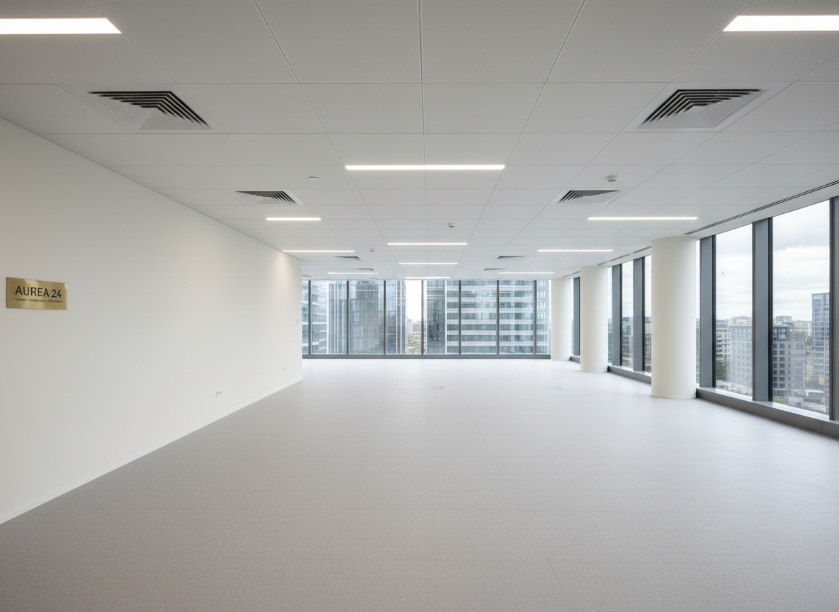 A detailed interior shot of a newly completed high‑standard office floor, showing a flawlessly executed open space with suspended modular ceilings, linear LED lighting, and perfectly aligned ventilation diffusers. The smooth, light‑colored walls meet the ceiling and raised technical floor with razor‑sharp joints, while expansive windows with dark frames overlook a blurred urban landscape. Natural daylight mixes with neutral artificial lighting, producing an even, comfortable brightness that reveals every surface quality. Photographic realism from eye level with deep focus portrays a clean, modern, and adaptable workspace ready for tenant fit‑out. The mood is orderly and polished, reflecting comprehensive coordination of trades and Aurea 24’s focus on delivering turnkey commercial interiors of uncompromising quality.