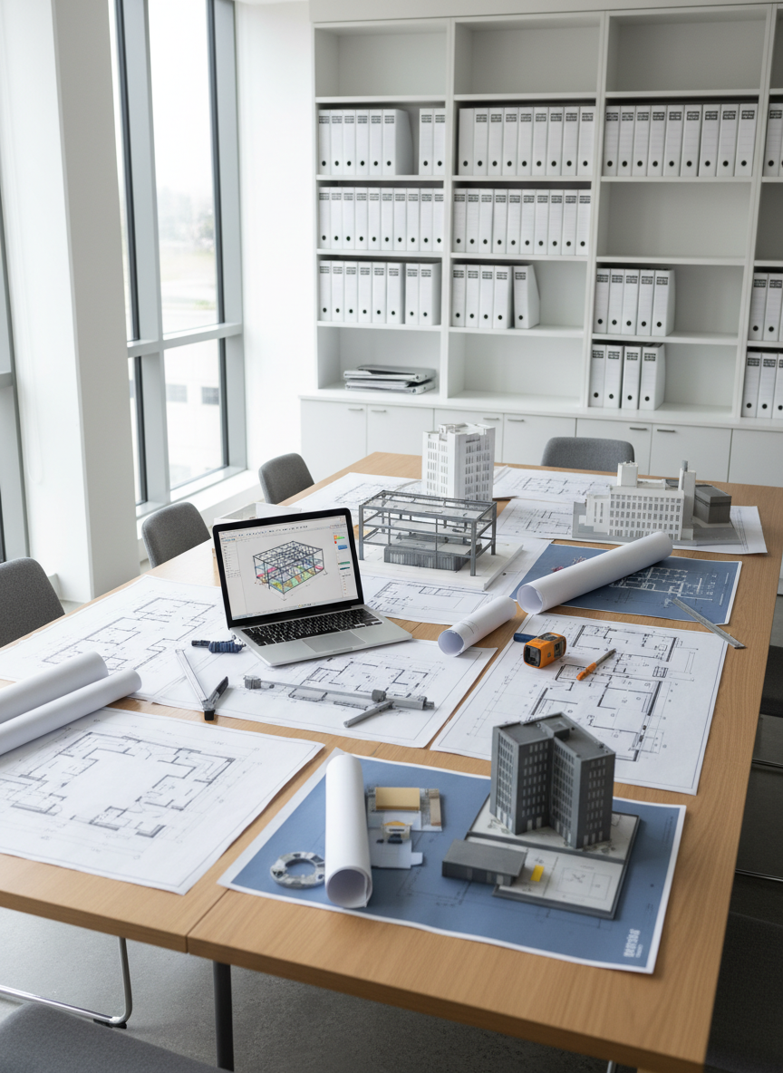 A bright, spacious architectural coordination office with a large central table covered in detailed technical blueprints, 3D building renderings, and neatly arranged measuring tools. High‑quality printed plans for residential, commercial, and industrial projects lie side by side, showcasing different phases of investment. A laptop displays a BIM model of a structural frame, while shelves in the background hold binders labeled by project and stage. Soft daylight from tall windows bathes the room in diffused light, creating gentle reflections on the table’s smooth surface. Captured in photographic realism from a slightly elevated angle with moderate depth of field, the composition feels organized and transparent, reflecting precise planning, comprehensive project control, and a professional, trustworthy atmosphere.