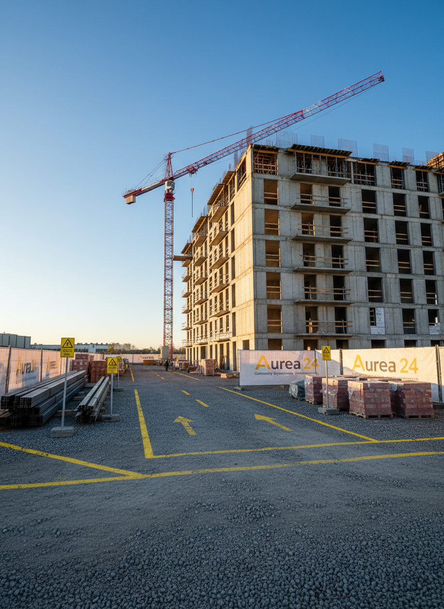 A meticulously organized construction site for a modern mixed‑use building, with a sleek reinforced concrete structure rising several floors above a clean, well‑marked gravel yard. Crisp yellow and black safety signage, neatly stacked steel beams, and aligned pallets of bricks convey order and professionalism. In the background, a tower crane extends against a clear blue sky, while temporary fencing with a discreet “Aurea 24 Generalny Wykonawca Inwestycji Budowlanych” banner runs along the perimeter. Shot in photographic realism at eye level during golden hour, with warm natural light casting long, precise shadows and highlighting textures of concrete, steel, and timber. The mood is confident, safe, and expertly managed, with sharp focus throughout and a clean, modern aesthetic that emphasizes quality and organization.