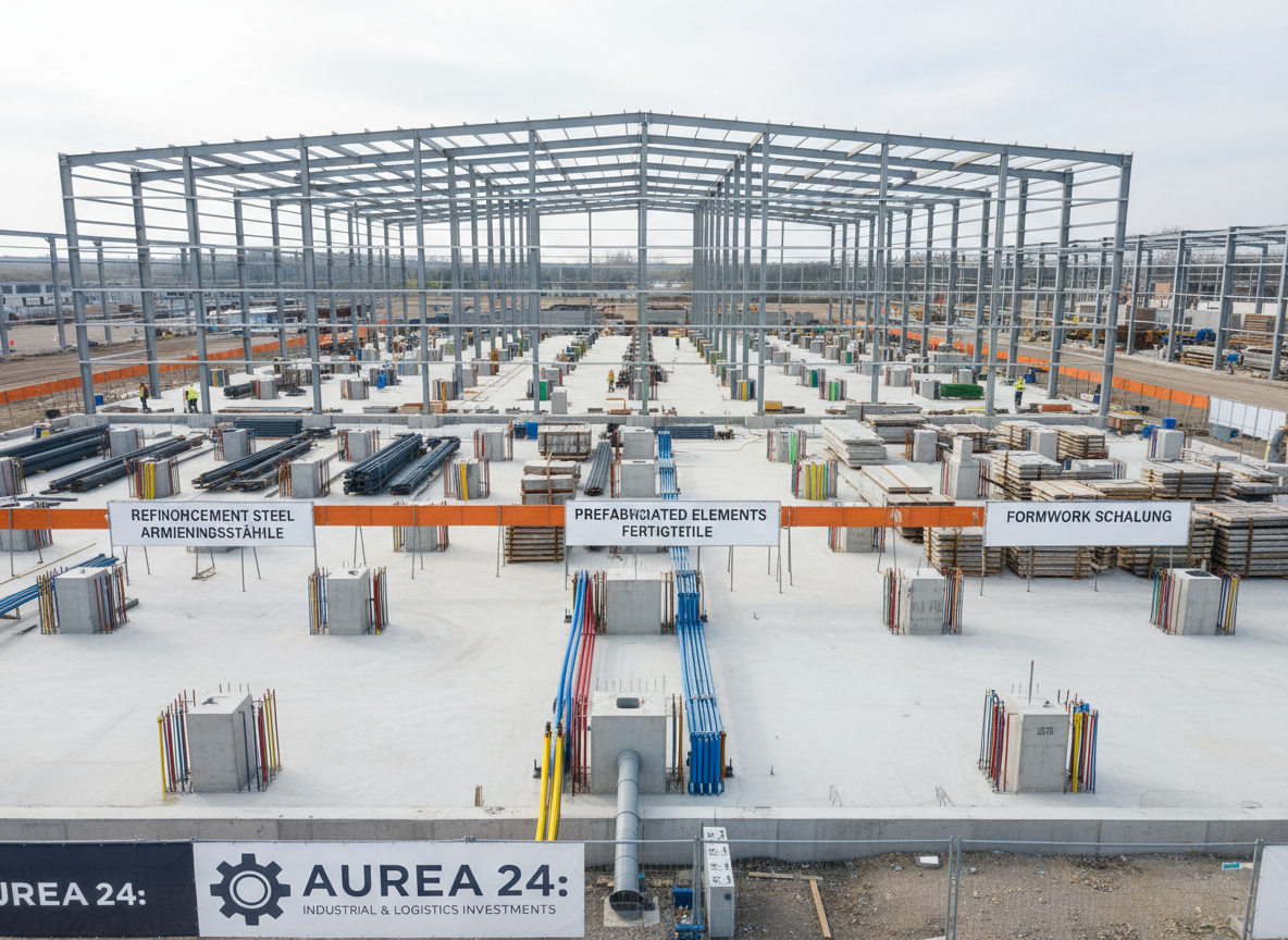A dynamic industrial construction site where a steel frame for a production hall rises in a precisely organized grid, each column perfectly aligned on newly poured, smooth concrete foundations. Color‑coded service conduits and drainage pipes emerge from the ground in planned locations, highlighting professional coordination. Around the site, materials are separated into clearly labeled zones: reinforcement steel, prefabricated elements, and formwork. The scene is captured in photographic realism from a slightly elevated wide angle under a bright but soft midday sky, ensuring even lighting and minimal harsh shadows. The overall atmosphere is controlled, efficient, and highly technical, with crisp details visible across the entire frame, illustrating Aurea 24’s competence in industrial and logistics‑oriented investments.