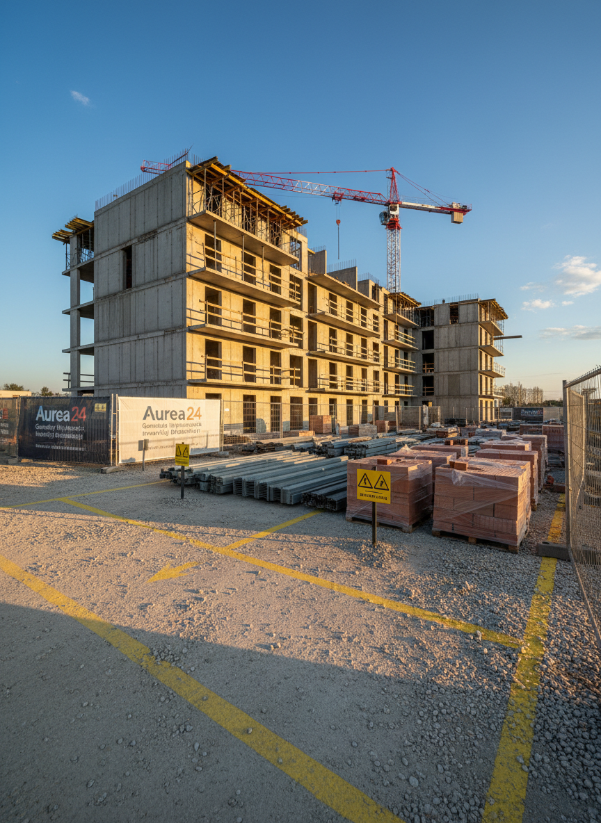 A meticulously organized construction site for a modern mixed‑use building, with a sleek reinforced concrete structure rising several floors above a clean, well‑marked gravel yard. Crisp yellow and black safety signage, neatly stacked steel beams, and aligned pallets of bricks convey order and professionalism. In the background, a tower crane extends against a clear blue sky, while temporary fencing with a discreet “Aurea 24 Generalny Wykonawca Inwestycji Budowlanych” banner runs along the perimeter. Shot in photographic realism at eye level during golden hour, with warm natural light casting long, precise shadows and highlighting textures of concrete, steel, and timber. The mood is confident, safe, and expertly managed, with sharp focus throughout and a clean, modern aesthetic that emphasizes quality and organization.
