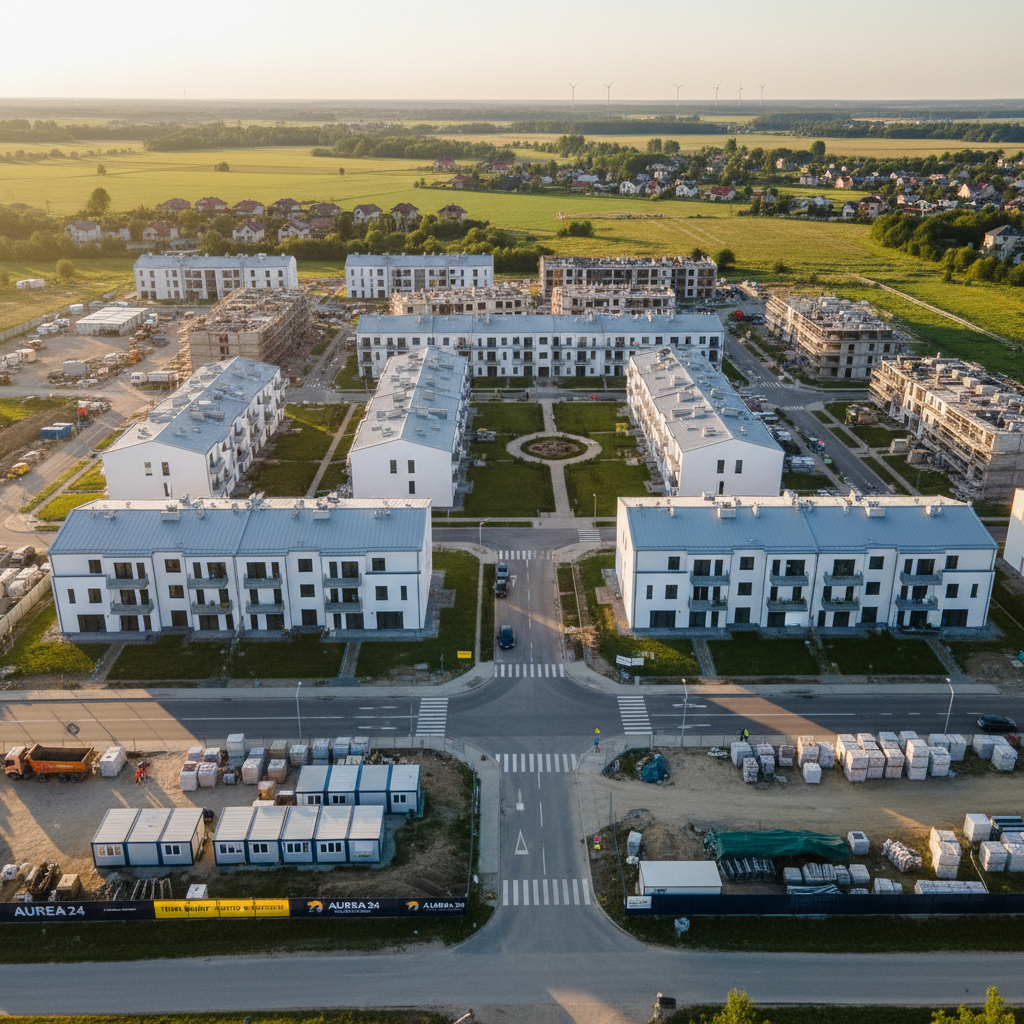A panoramic aerial view of a precisely organized multi‑building residential development under construction in a Polish suburban setting, with several blocks at different stages: some with completed roofs, others at structural frame level, all neatly arranged around internal roads and green courtyards. Clearly marked logistics routes, material storage zones, and temporary site offices create a sense of meticulous planning. Late afternoon sunlight from a low angle warms the light gray roofs and white façades, casting long, clear shadows that emphasize the site’s geometry. Photographic realism with high resolution and sharp focus throughout, presenting an orderly, safe, and professionally run investment. The mood is optimistic and future‑oriented, showcasing Aurea 24’s capacity for complex, multi‑stage housing projects.