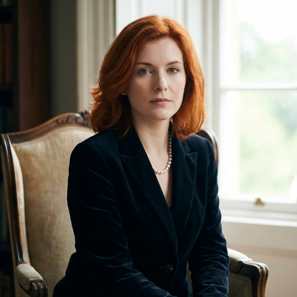 Poised woman in a dark velvet blazer and pearl necklace sitting in an armchair.
