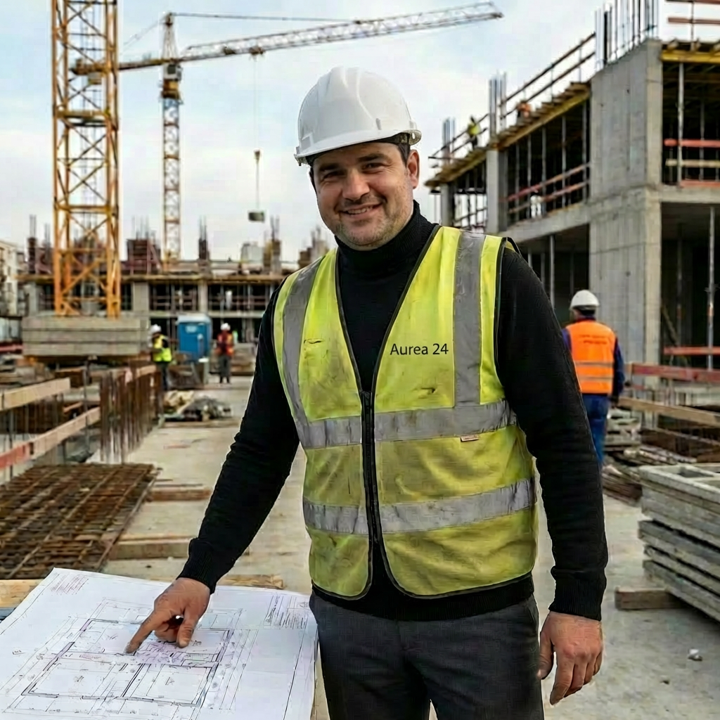 Construction manager Jan Kowalski pointing at blueprints; vest labeled 'KIEROWNIK BUDOWY - JAN KOWALSKI'.