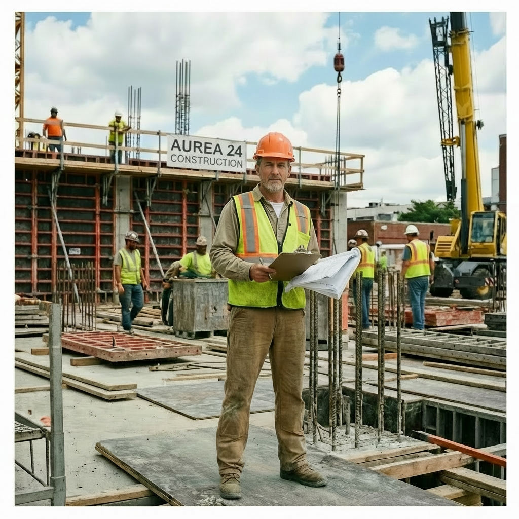 Construction worker carrying a wooden plank at a site with a Kowalski Construction sign.
