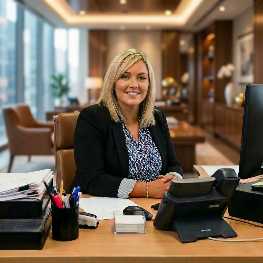 HR Manager Sarah Jenkins sitting behind her office desk.